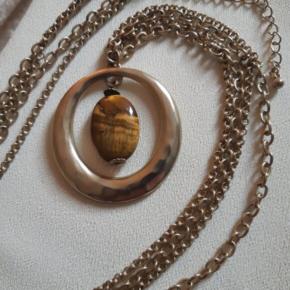 Tiger's Eye Pendant 32" Double Chain Vintage Necklace, Light Gold Tone - Picture 8 of 8